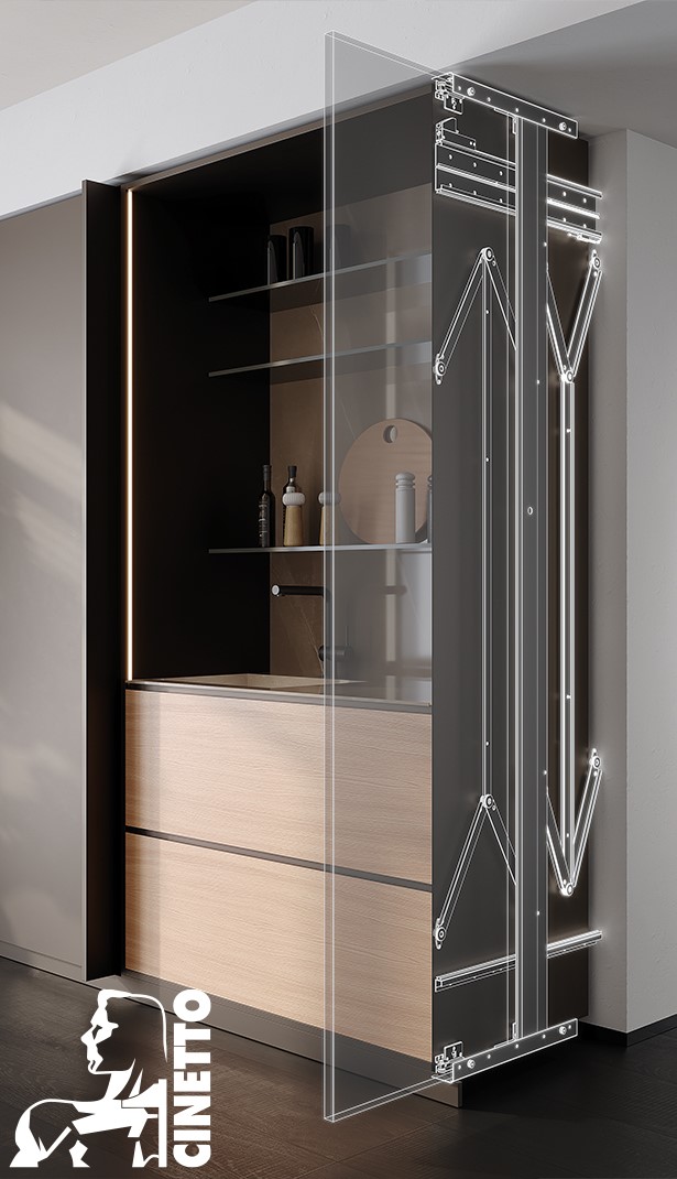 Τεχνολογικό σχέδιο του μηχανισμού POCKET DOOR PB15 της Cinetto, που δείχνει την καινοτόμα λύση απόκρυψης ξύλινων πορτών, διαθέσιμο από την GREKOS.